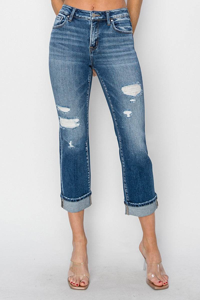 RISEN Full Size Cuffed Ankle Distressed Straight Jeans - Delanoir