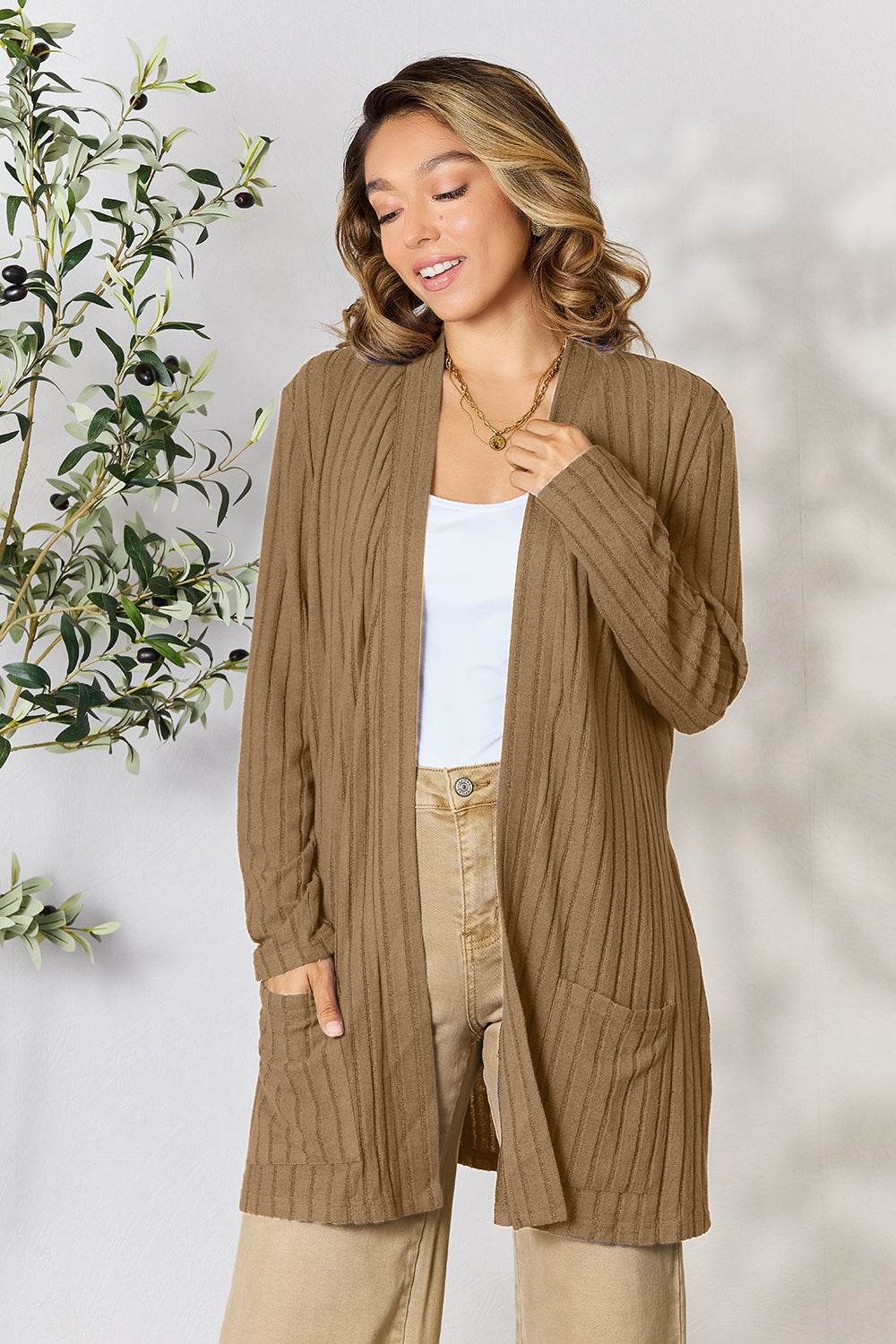 Basic Bae Full Size Ribbed Open Front Cardigan with Pockets - Delanoir