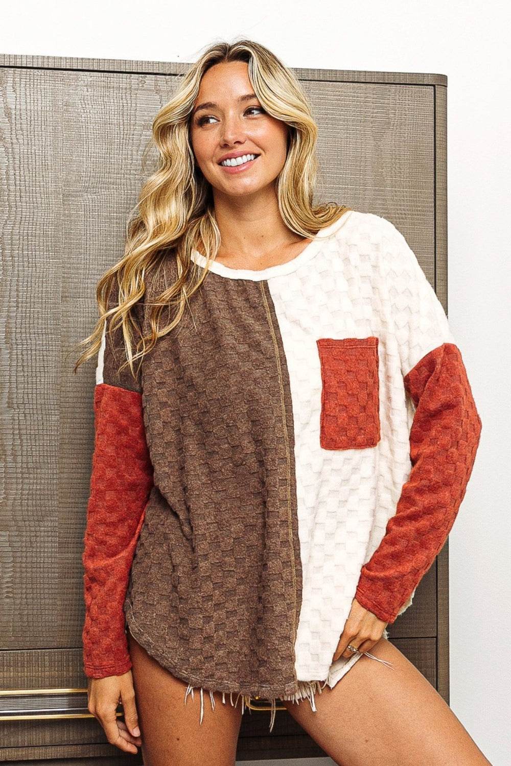 BiBi Color Block Brushed Checker Top - Delanoir
