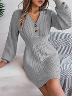Buttoned Cable-Knit V-Neck Sweater Dress - Delanoir