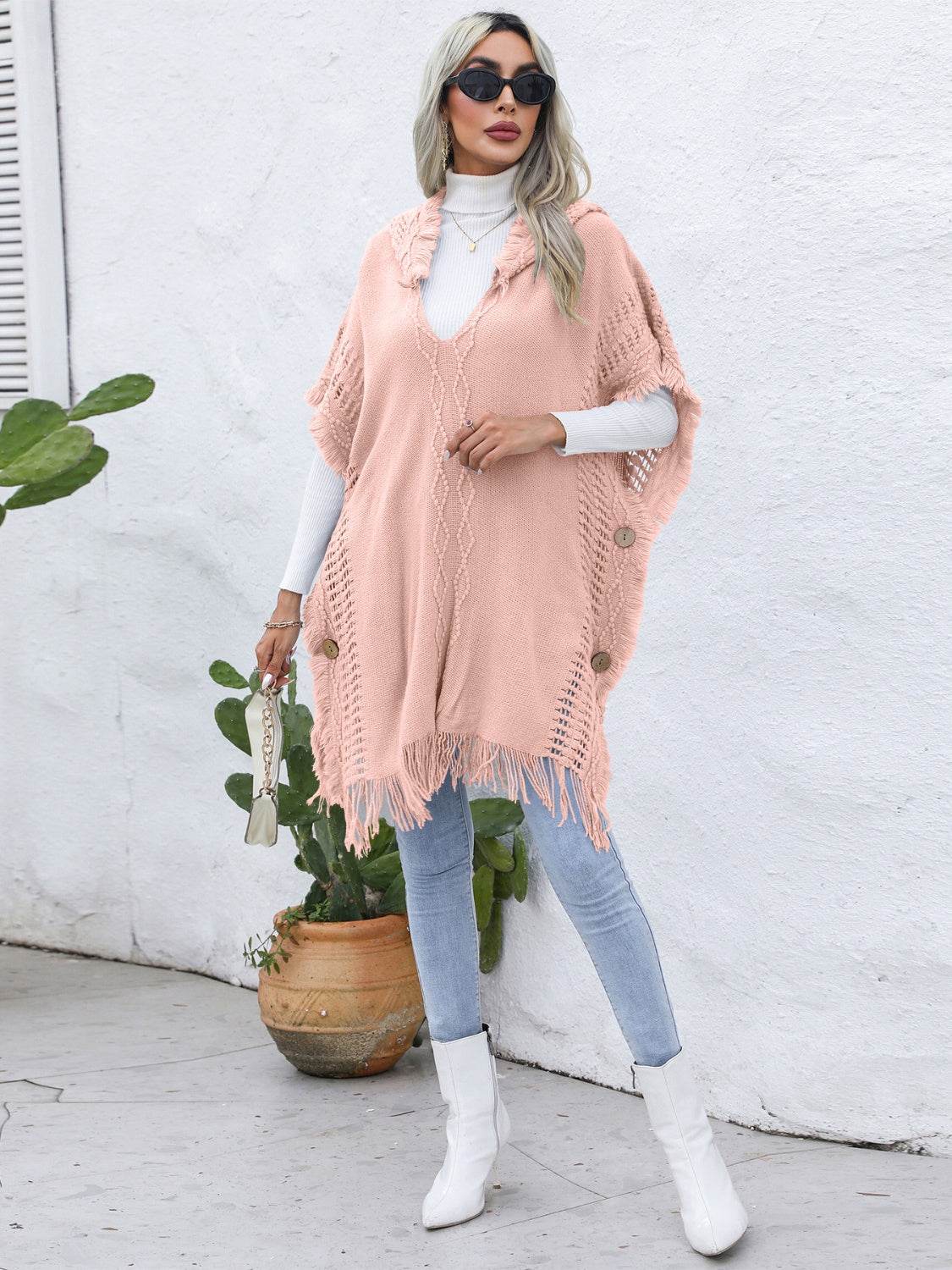 Fringe Trim Buttoned Hooded Poncho - Delanoir