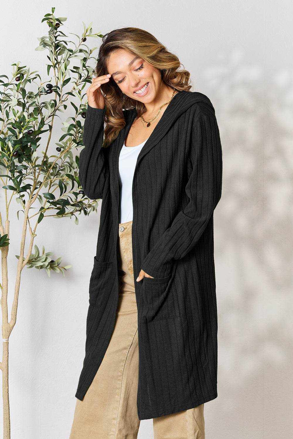 Basic Bae Full Size Hooded Sweater Cardigan - Delanoir