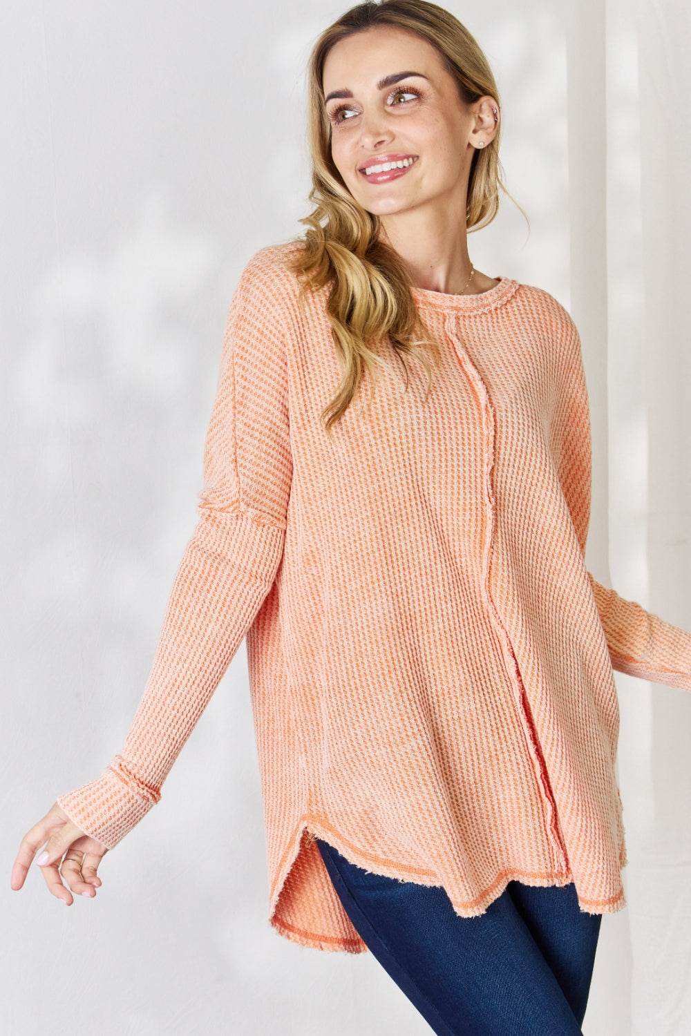 Zenana Oversized Washed Waffle Long Sleeve Top - Delanoir