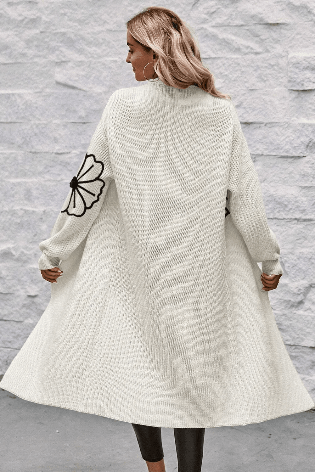 Full Size Flower Open Front Long Sleeve Cardigan - Delanoir
