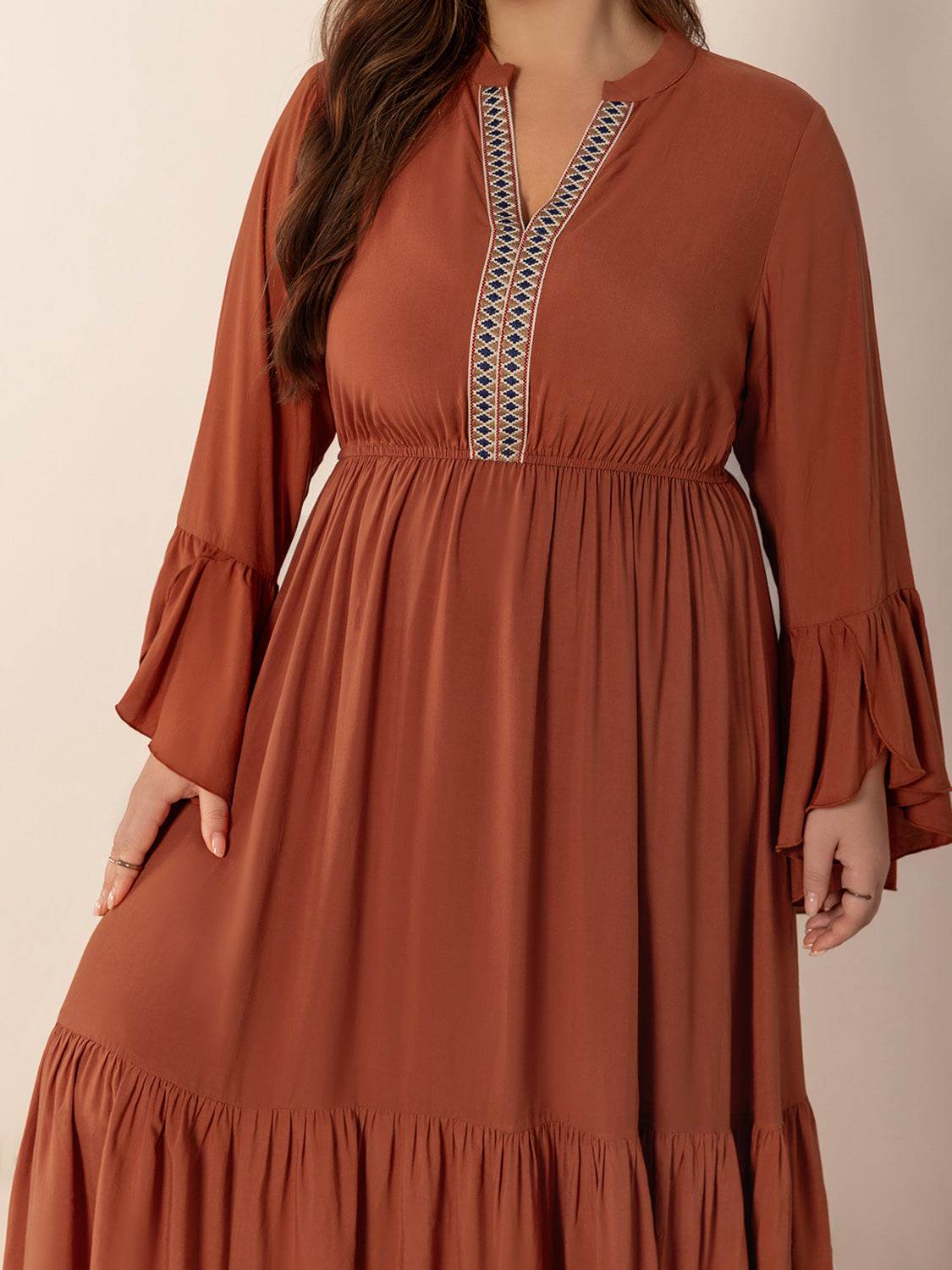 Plus Size Ruffled Notched Long Sleeve Midi Dress - Delanoir