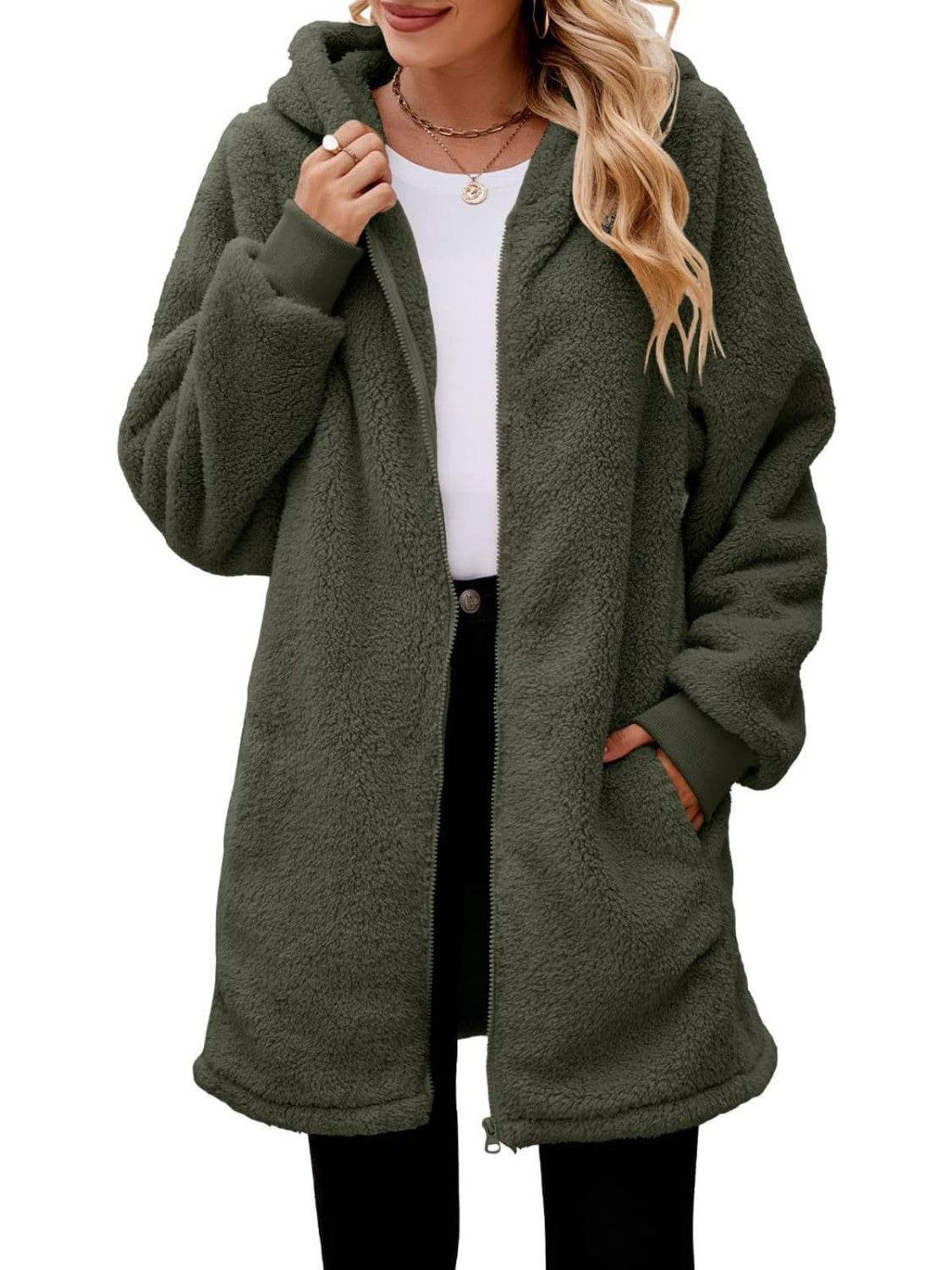 Fuzzy Pocketed Zip Up Long Sleeve Hooded Jacket - Delanoir