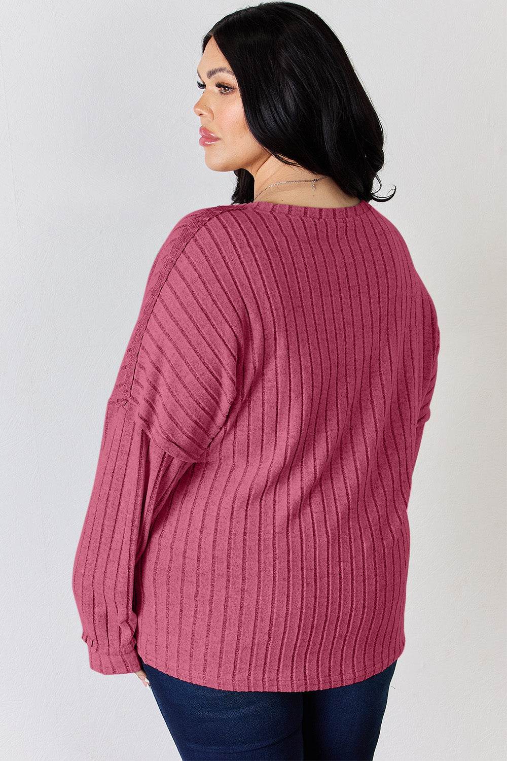 Basic Bae Full Size Ribbed Half Button Long Sleeve T-Shirt - Delanoir
