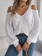 Cable-Knit Cold Shoulder Long Sleeve Sweater - Delanoir