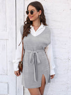 Tie Front V-Neck Sleeveless Slit Sweater Dress - Delanoir