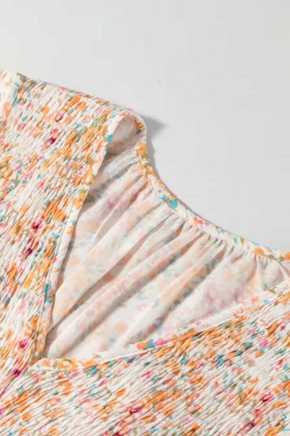 Printed V-Neck Balloon Sleeve Mini Dress - Delanoir