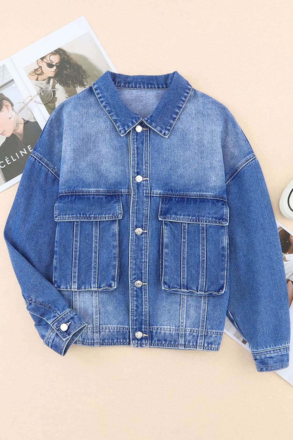 Collared Neck Button Up Denim Jacket - Delanoir