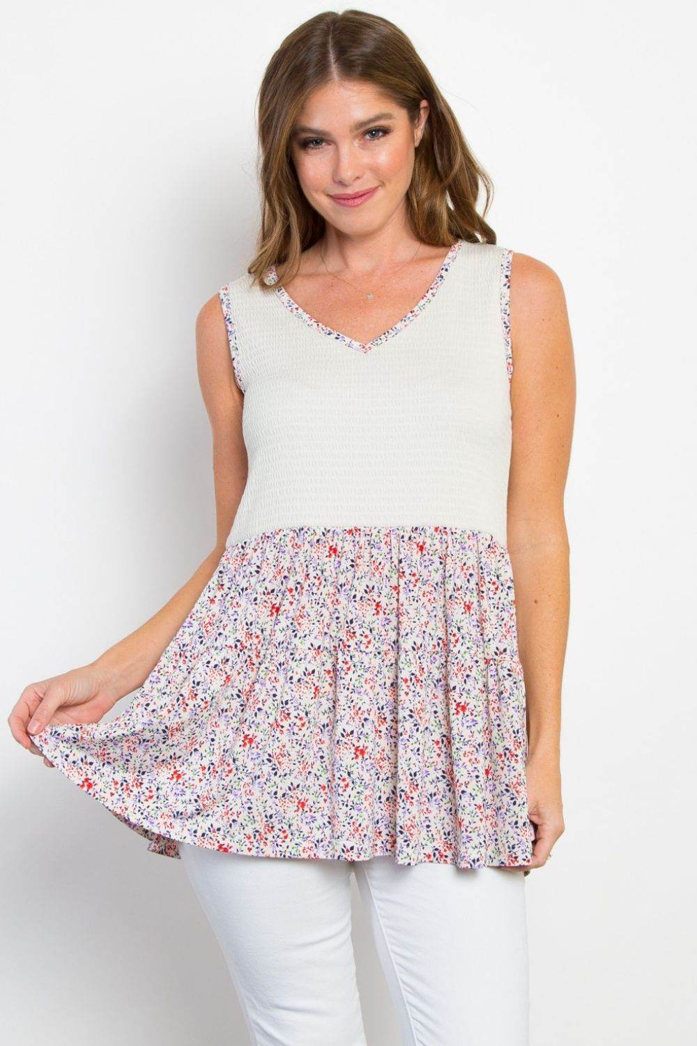 Be Stage Full Size Smocked Printed Peplum Sleeveless Top - Delanoir