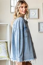 First Love Smile Face Button Down Raw Hem Denim Jacket - Delanoir