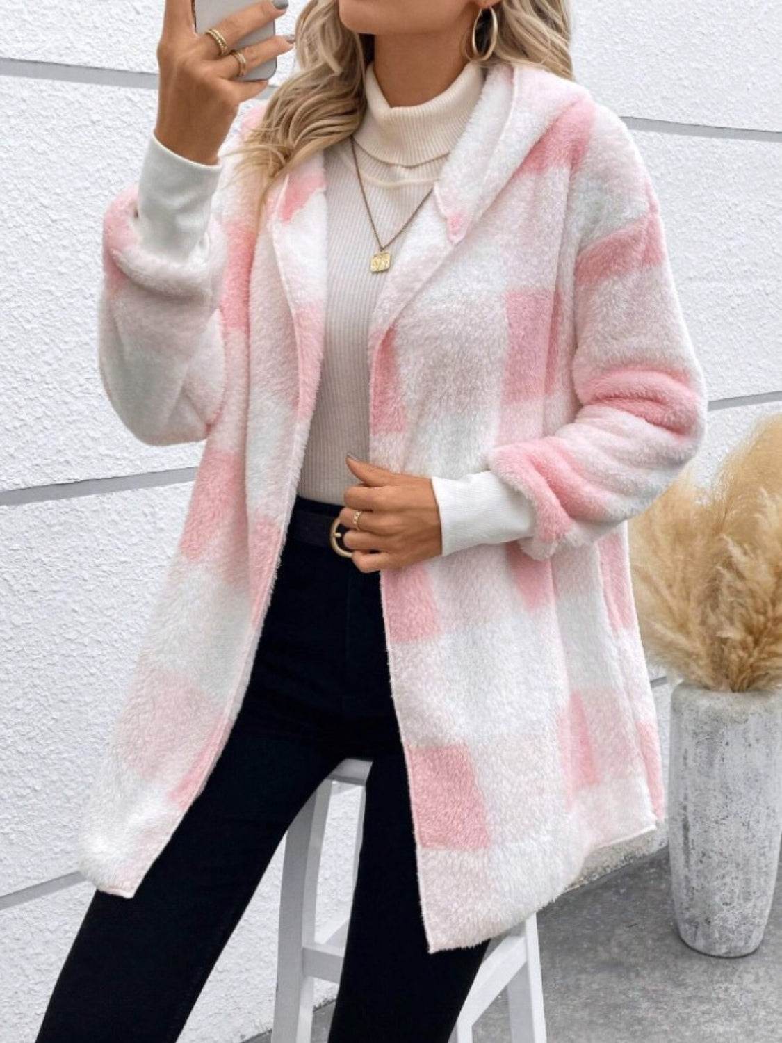 Plaid Long Sleeve Hooded Coat - Delanoir