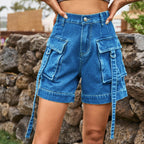High Waist Denim Cargo Shorts - Delanoir