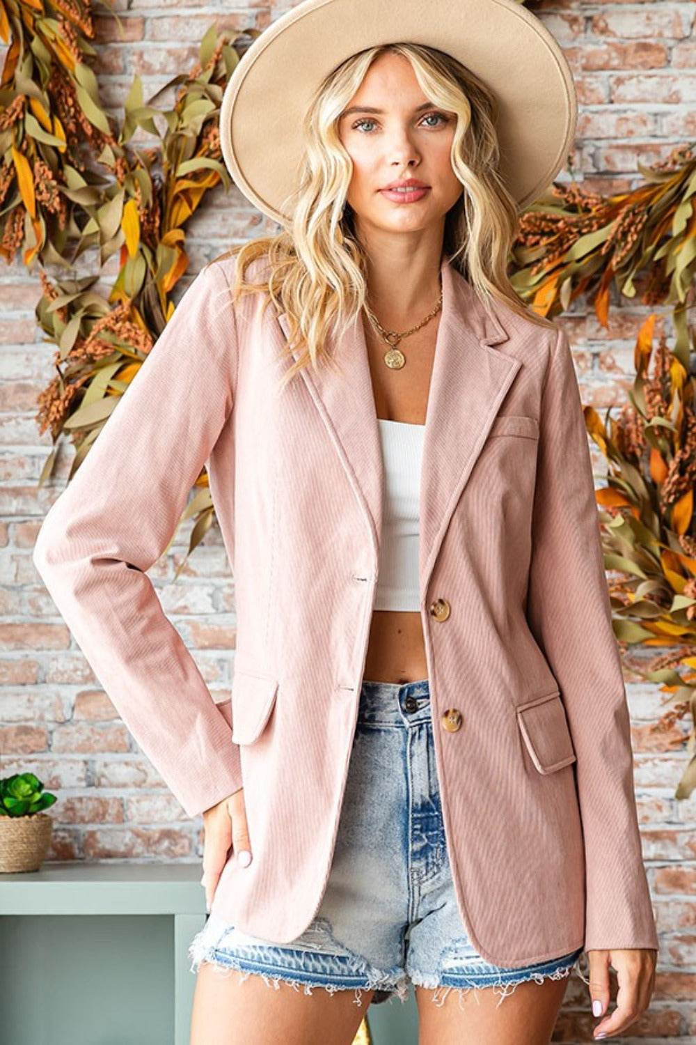 First Love Full Size Single-Breasted Flap Pocket Corduroy Blazer - Delanoir