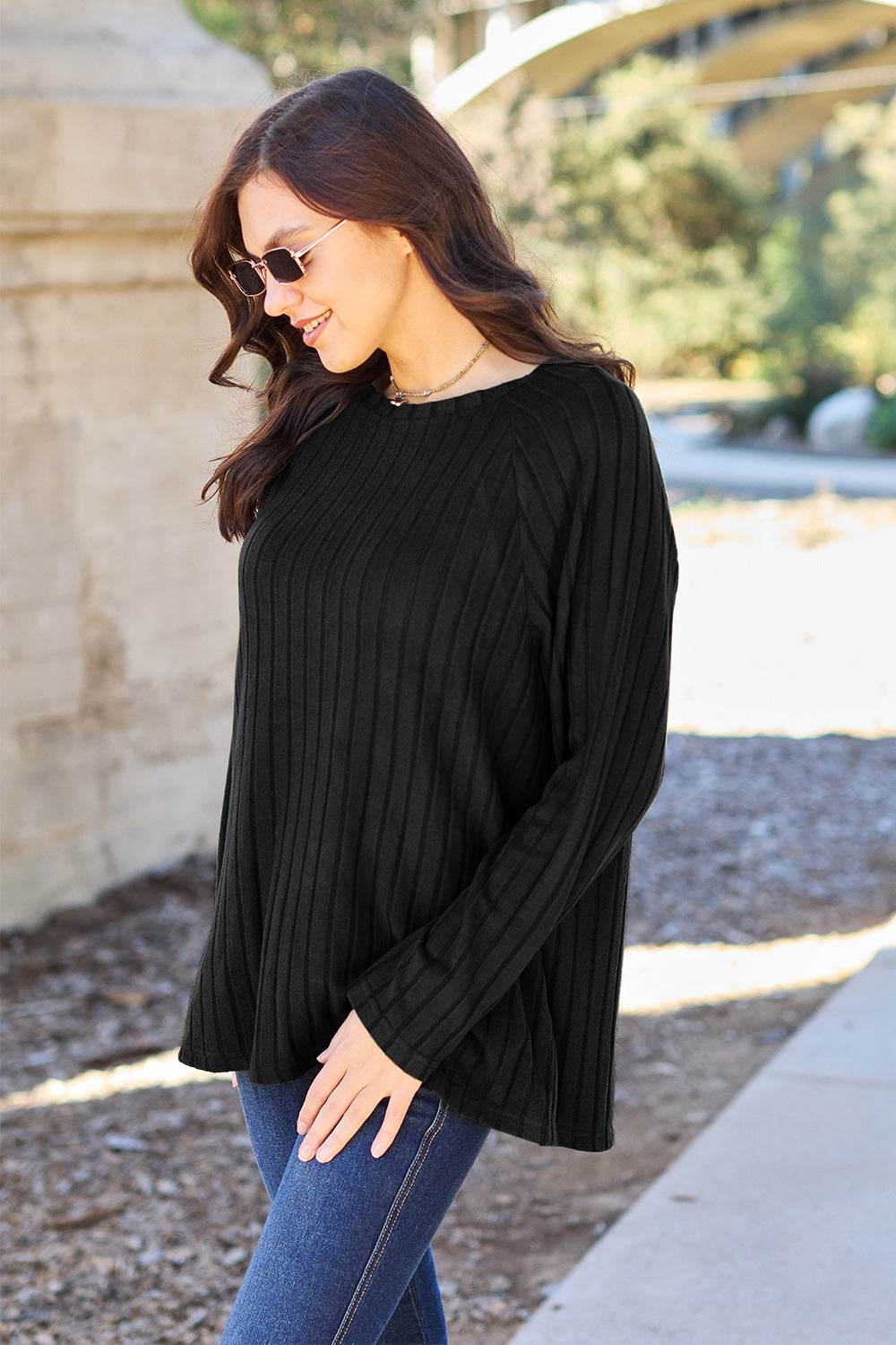 Basic Bae Full Size Ribbed Round Neck Long Sleeve Knit Top - Delanoir