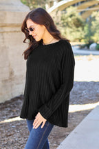 Basic Bae Full Size Ribbed Round Neck Long Sleeve Knit Top - Delanoir