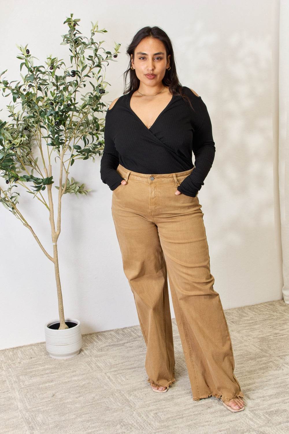 Culture Code Full Size Ribbed Surplice Cold Shoulder Top - Delanoir