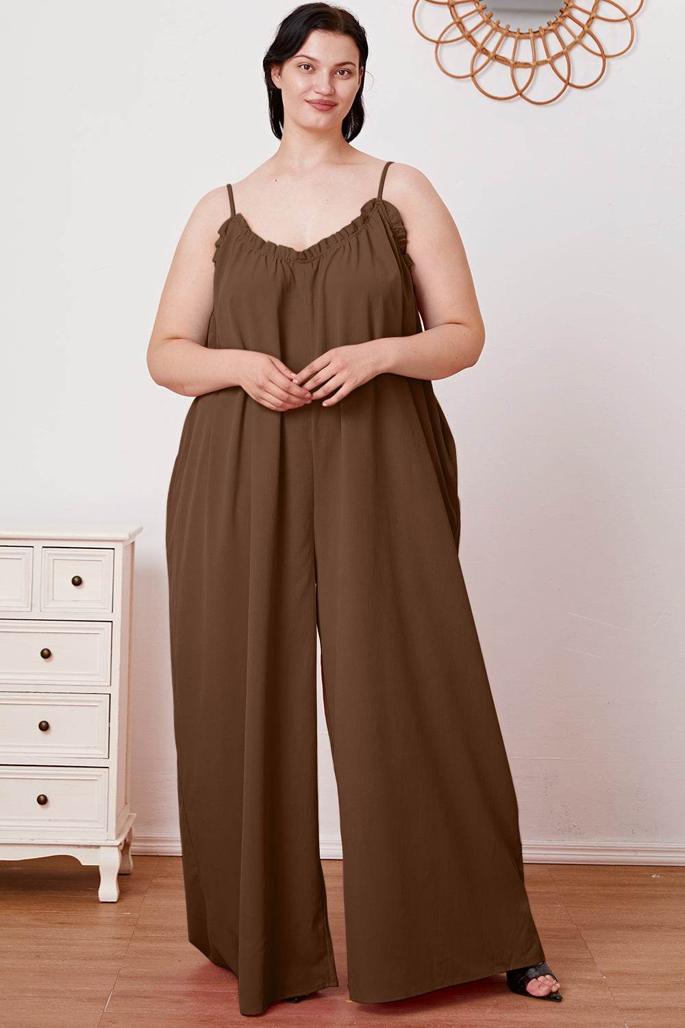 Double Take Full Size Ruffle Trim Tie Back Cami Jumpsuit with Pockets - Delanoir