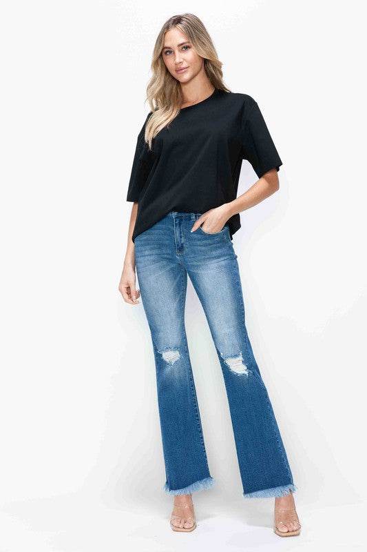 bytos Full Size Raw Hem Distressed High Rise Bootcut Jeans - Delanoir