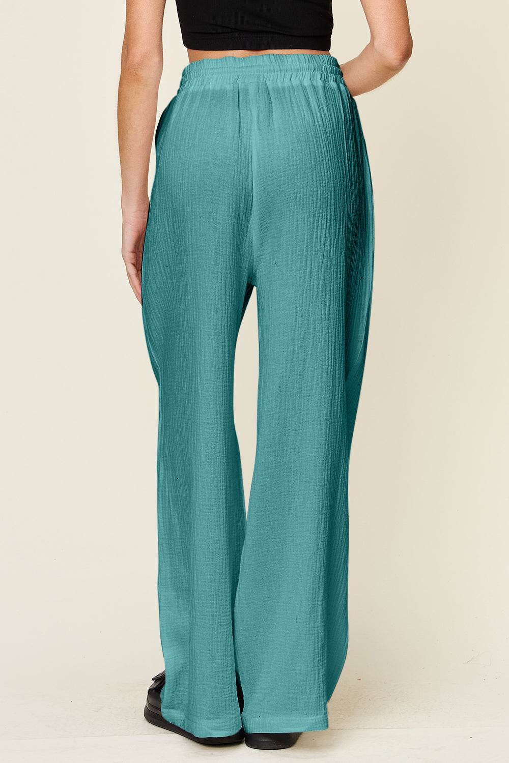 Double Take Full Size Texture Drawstring Wide Leg Pants - Delanoir