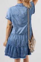 Raw Hem Collared Neck Short Sleeve Denim Dress - Delanoir