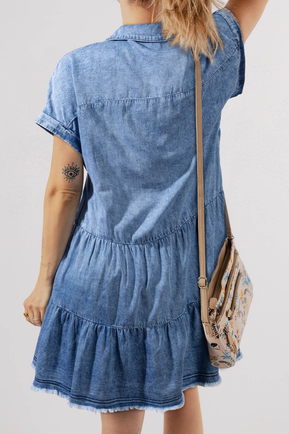 Raw Hem Collared Neck Short Sleeve Denim Dress - Delanoir