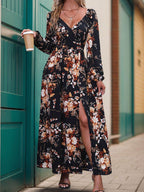 Perfee Slit Printed Surplice Long Sleeve Maxi Dress - Delanoir