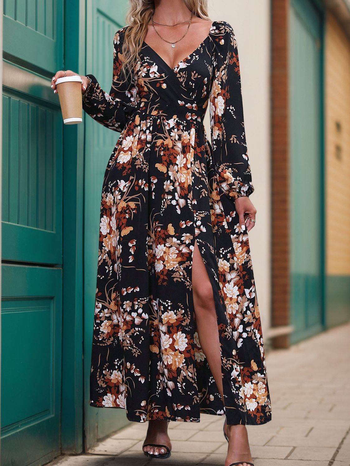Perfee Slit Printed Surplice Long Sleeve Maxi Dress - Delanoir