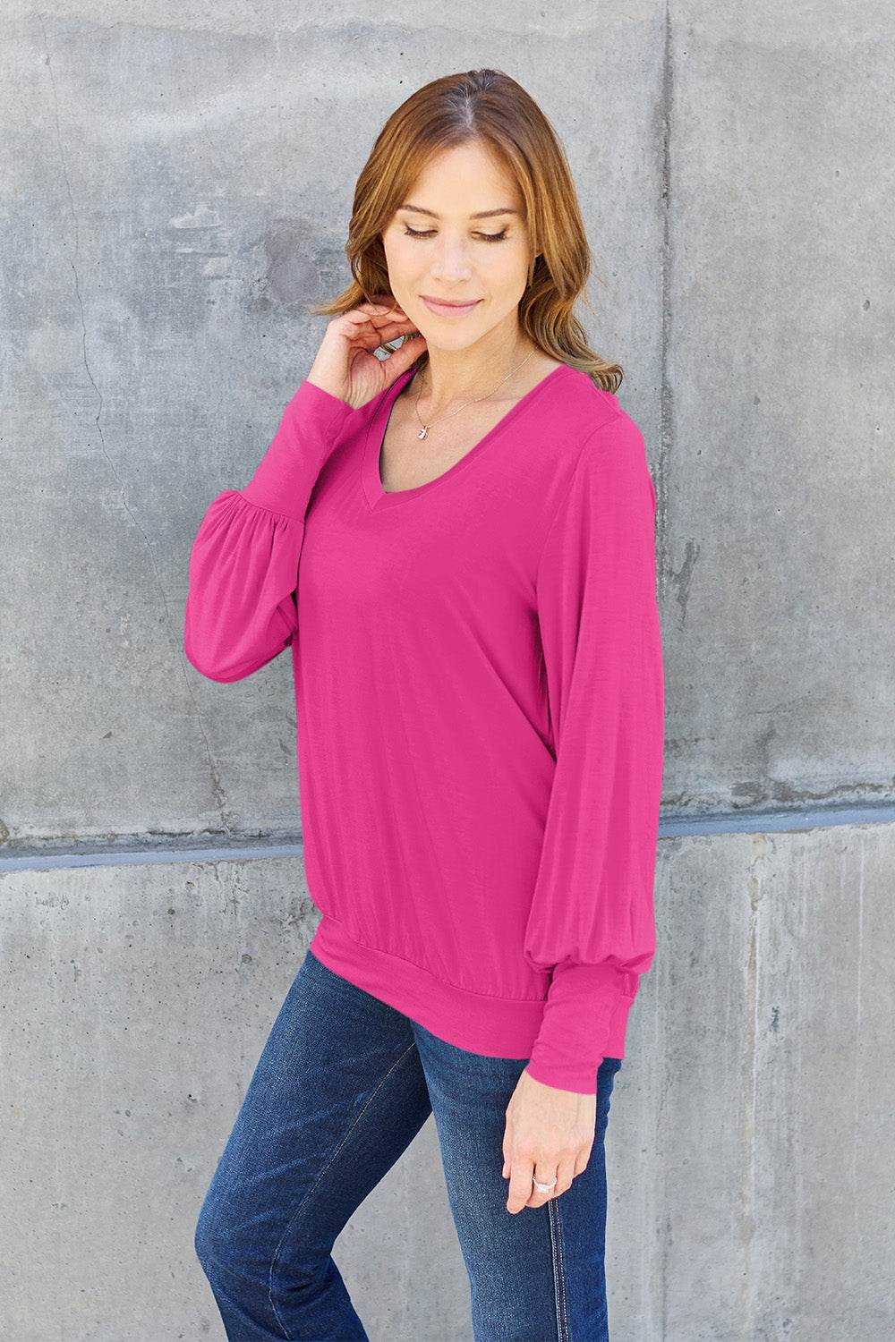 Basic Bae Full Size V-Neck Lantern Sleeve Top - Delanoir