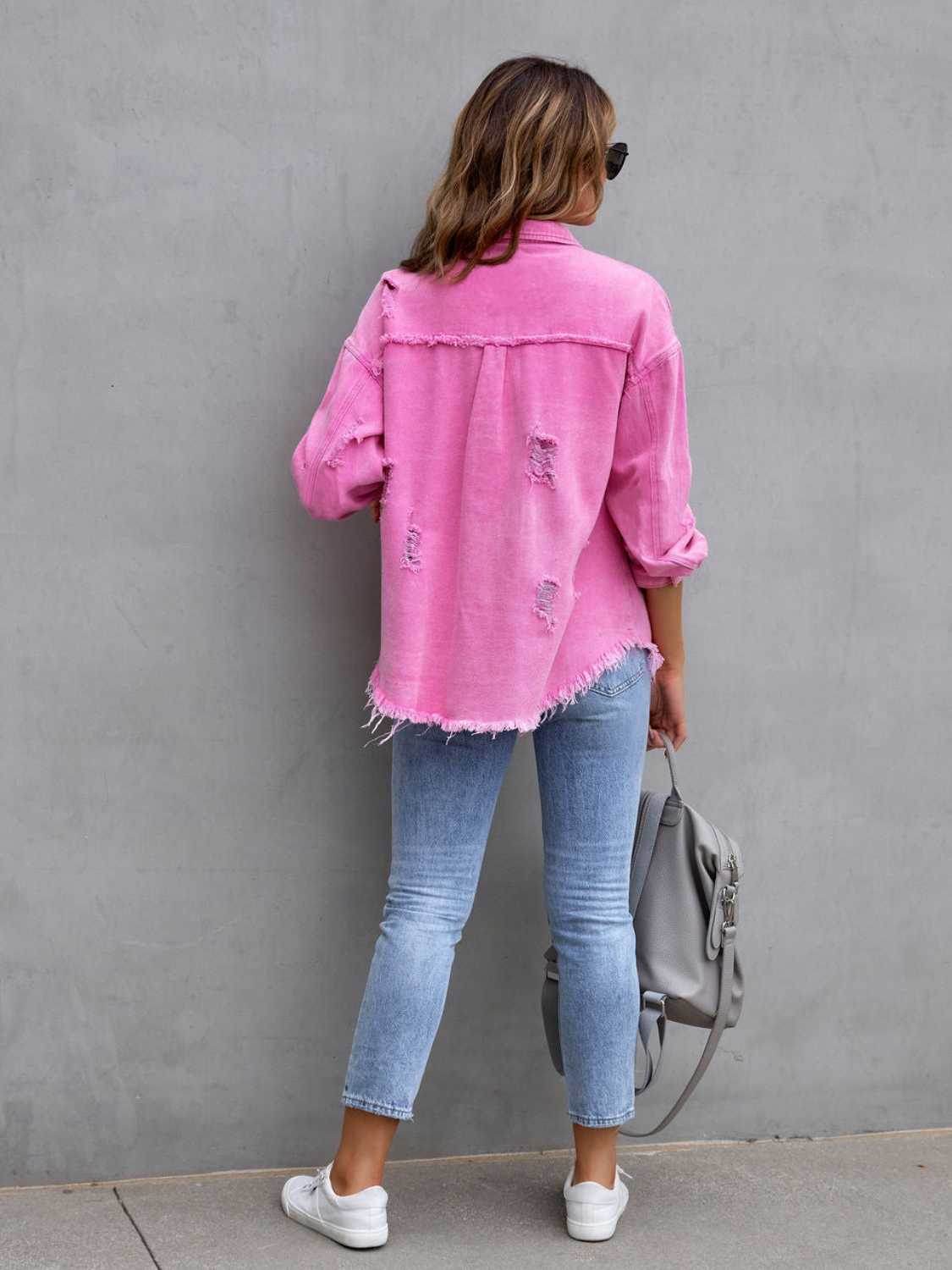 Distressed Drop Shoulder Denim Jacket - Delanoir