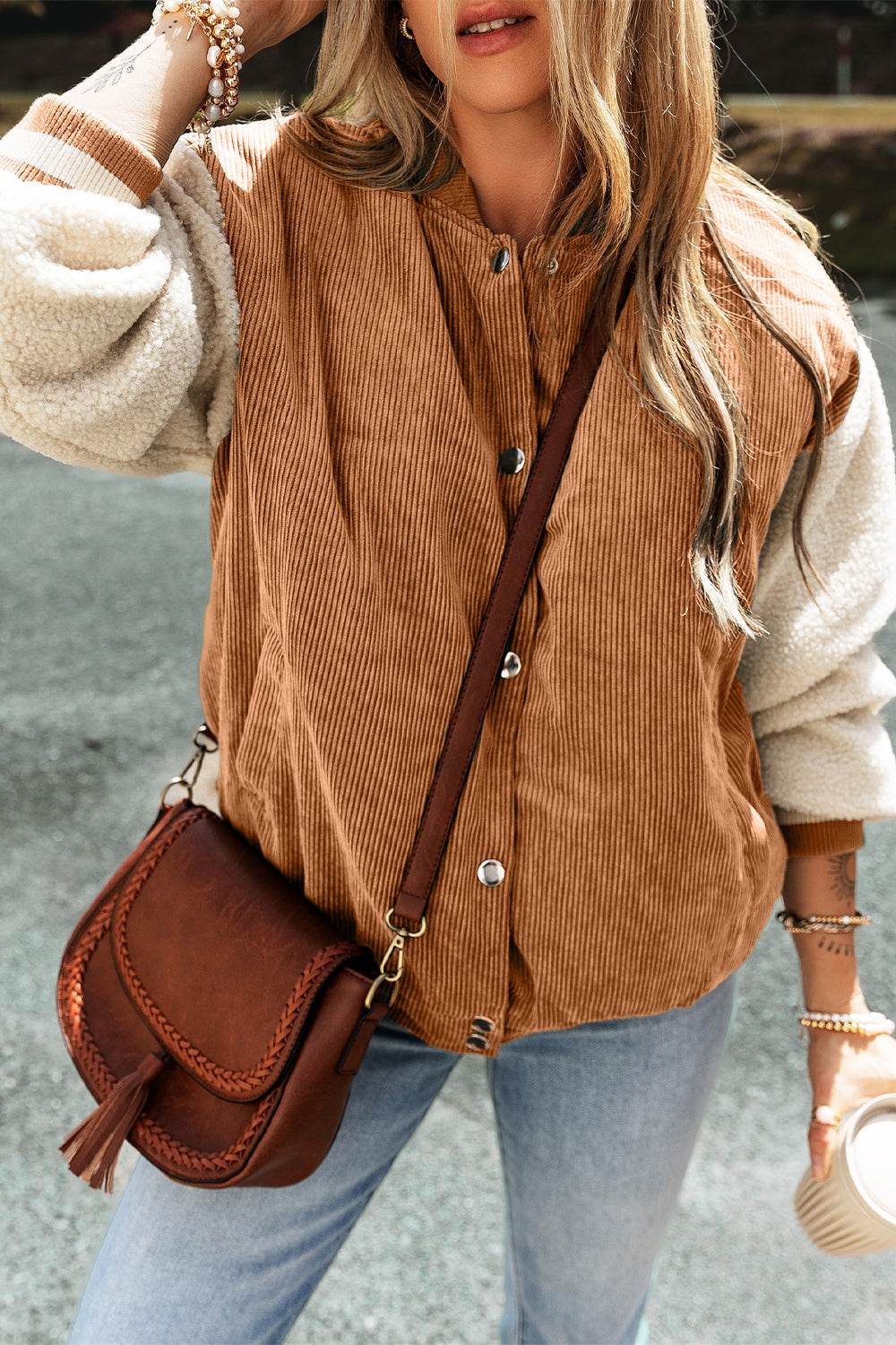 Contrast Baseball Collar Snap Down Long Sleeve Jacket - Delanoir