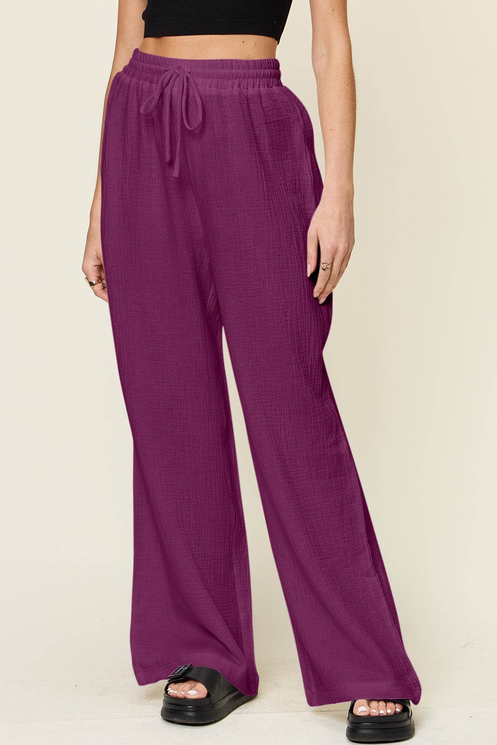 Double Take Full Size Texture Drawstring Wide Leg Pants - Delanoir