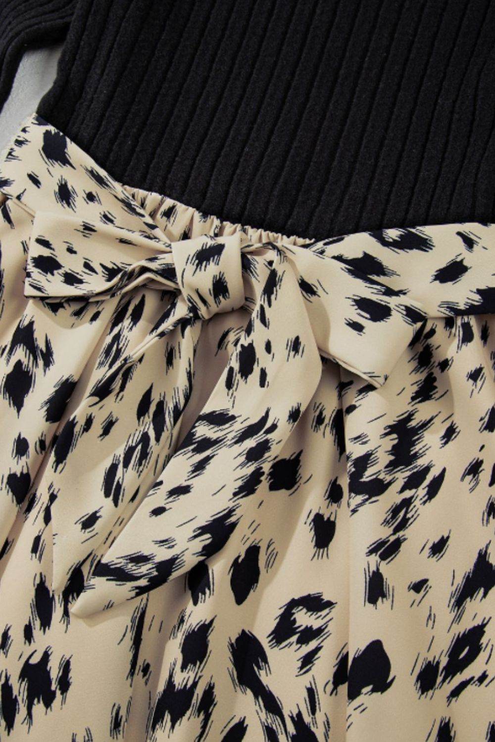 Printed Tie Waist Mock Neck Long Sleeve Dress - Delanoir