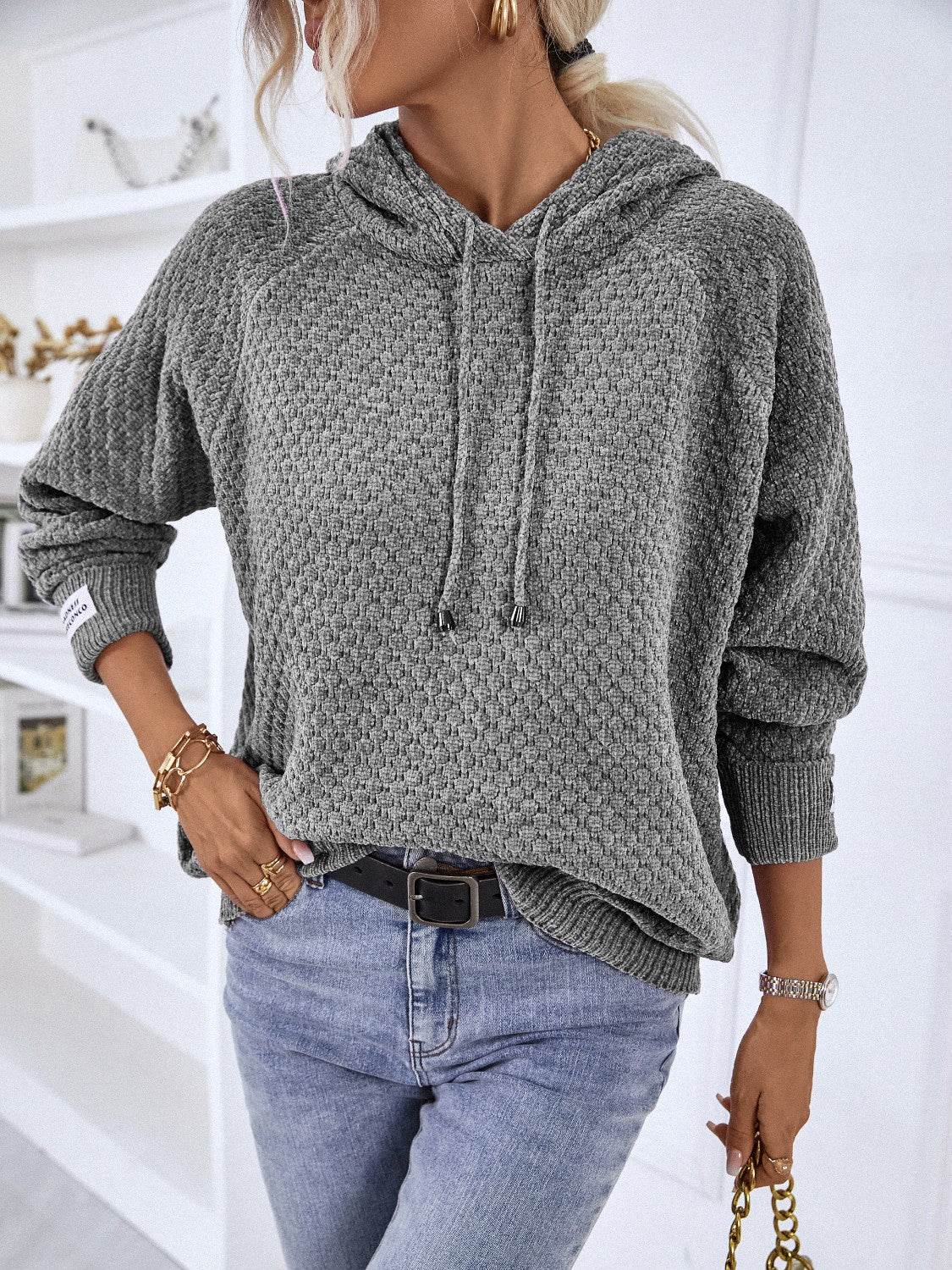 Texture Drawstring Long Sleeve Hooded Sweater - Delanoir
