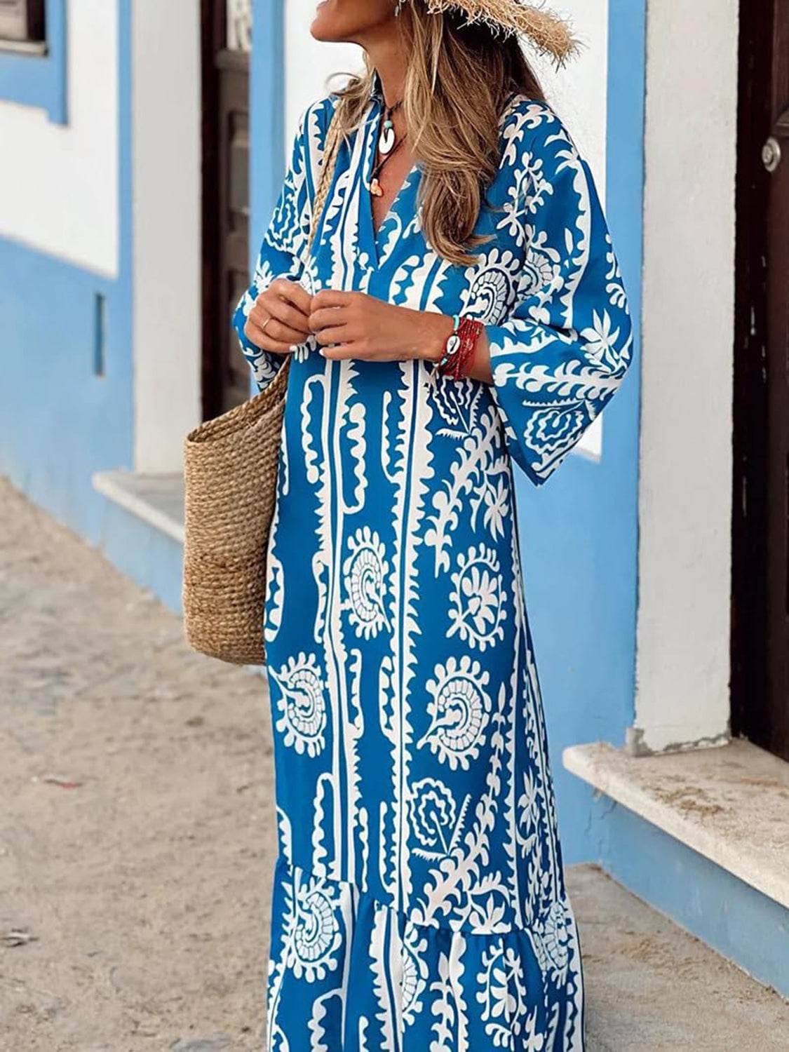 Printed Notched Half Sleeve Maxi Dress - Delanoir