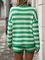 Striped Round Neck Top and Shorts Sweater Set - Delanoir