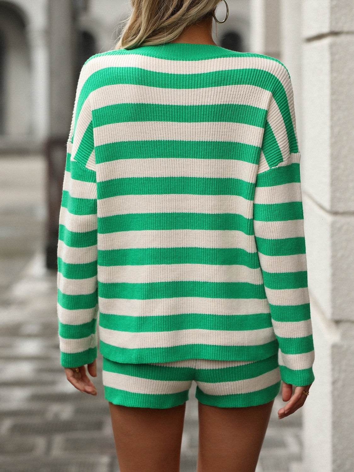 Striped Round Neck Top and Shorts Sweater Set - Delanoir