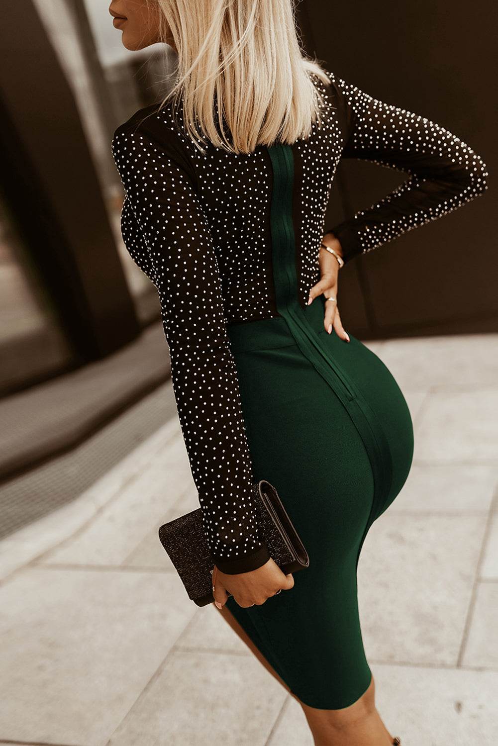 Rhinestone Mock Neck Long Sleeve Dress - Delanoir