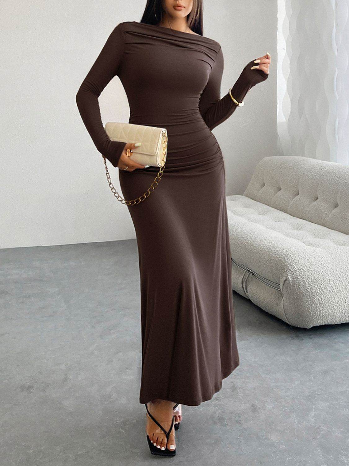 Devine Ruched Long Sleeve Maxi Dress - Delanoir