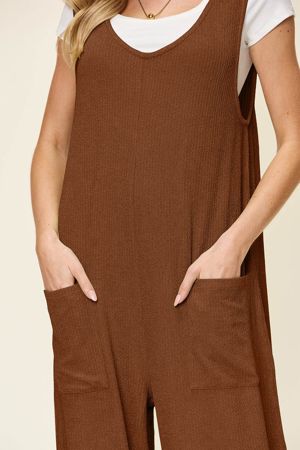 Double Take Full Size Texture Sleeveless Wide Leg Jumpsuit - Delanoir