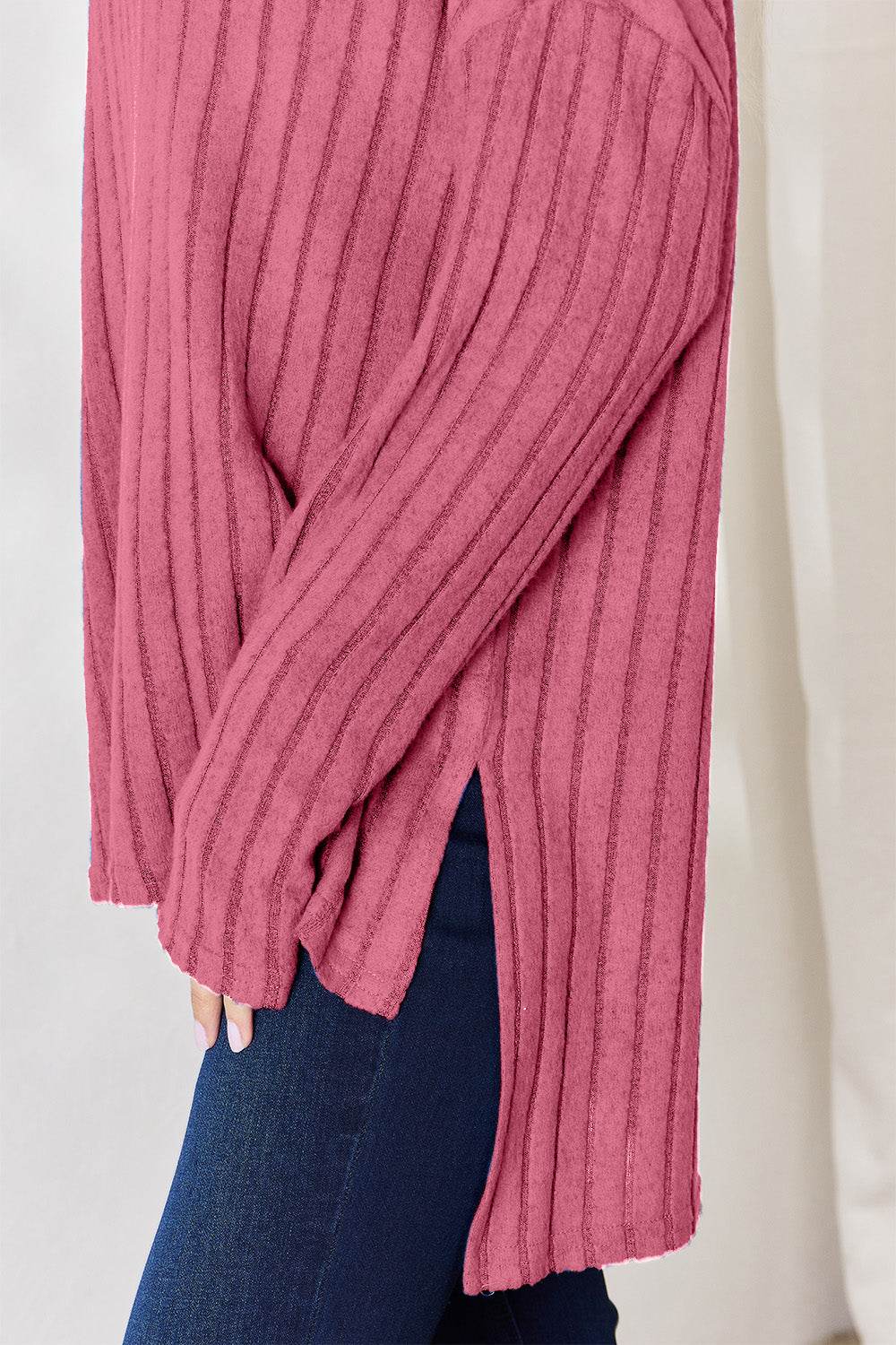 Basic Bae Full Size Ribbed Half Button Long Sleeve High-Low T-Shirt - Delanoir