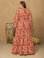 Plus Size Printed Notched Long Sleeve Maxi Dress - Delanoir