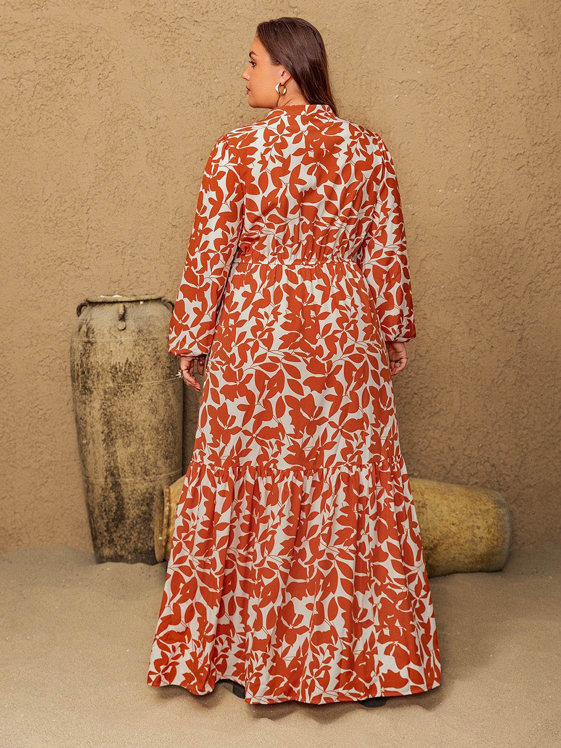Plus Size Printed Notched Long Sleeve Maxi Dress - Delanoir
