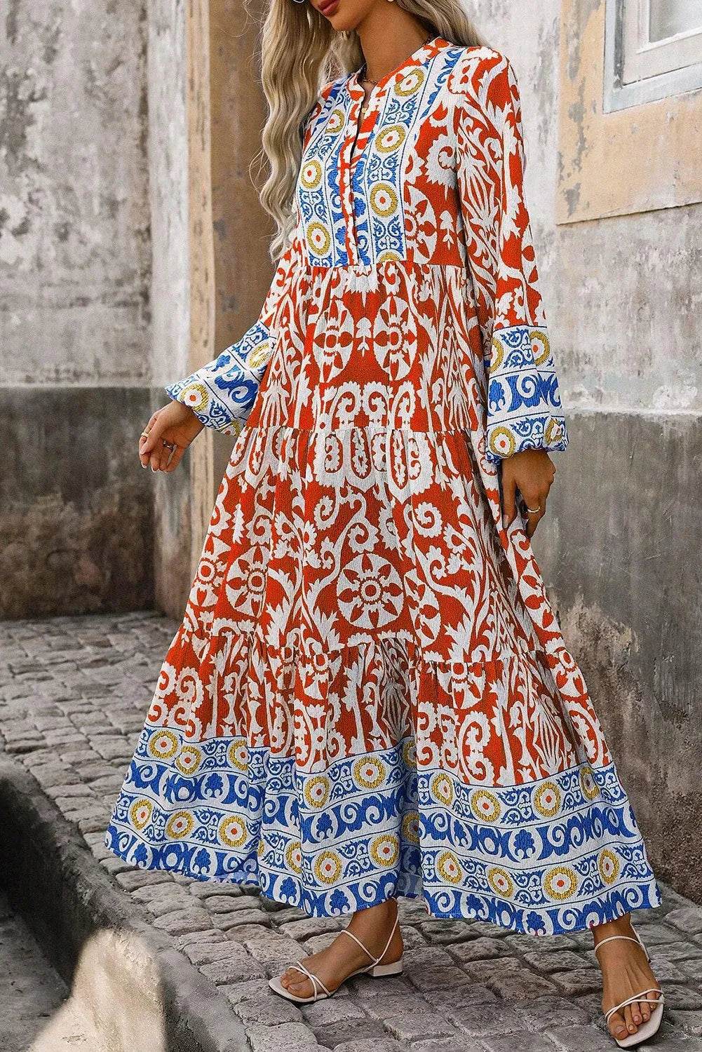 Printed Notched Long Sleeve Maxi Dress - Delanoir