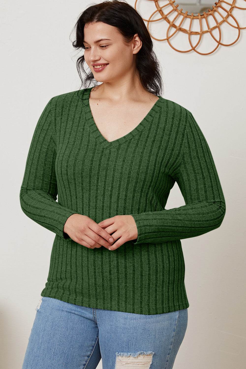Basic Bae Full Size Ribbed V-Neck Long Sleeve T-Shirt - Delanoir
