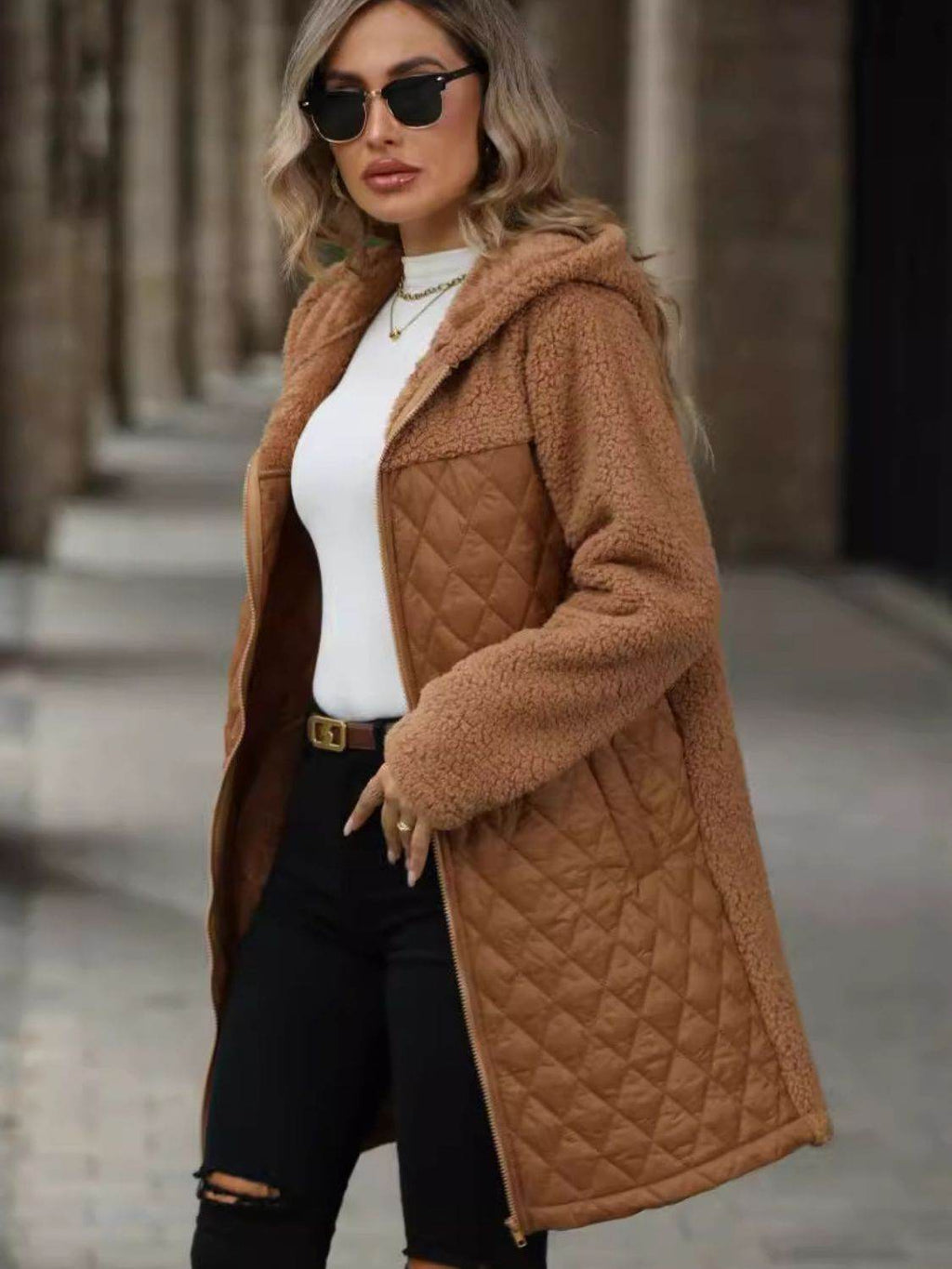 Texture Zip Up Long Sleeve Hooded Coat - Delanoir