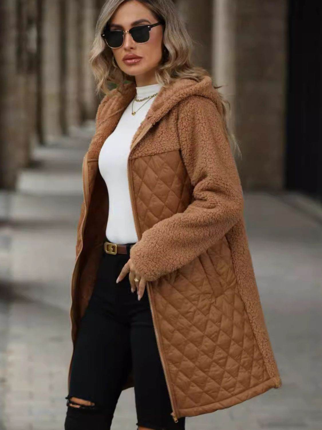 Texture Zip Up Long Sleeve Hooded Coat - Delanoir