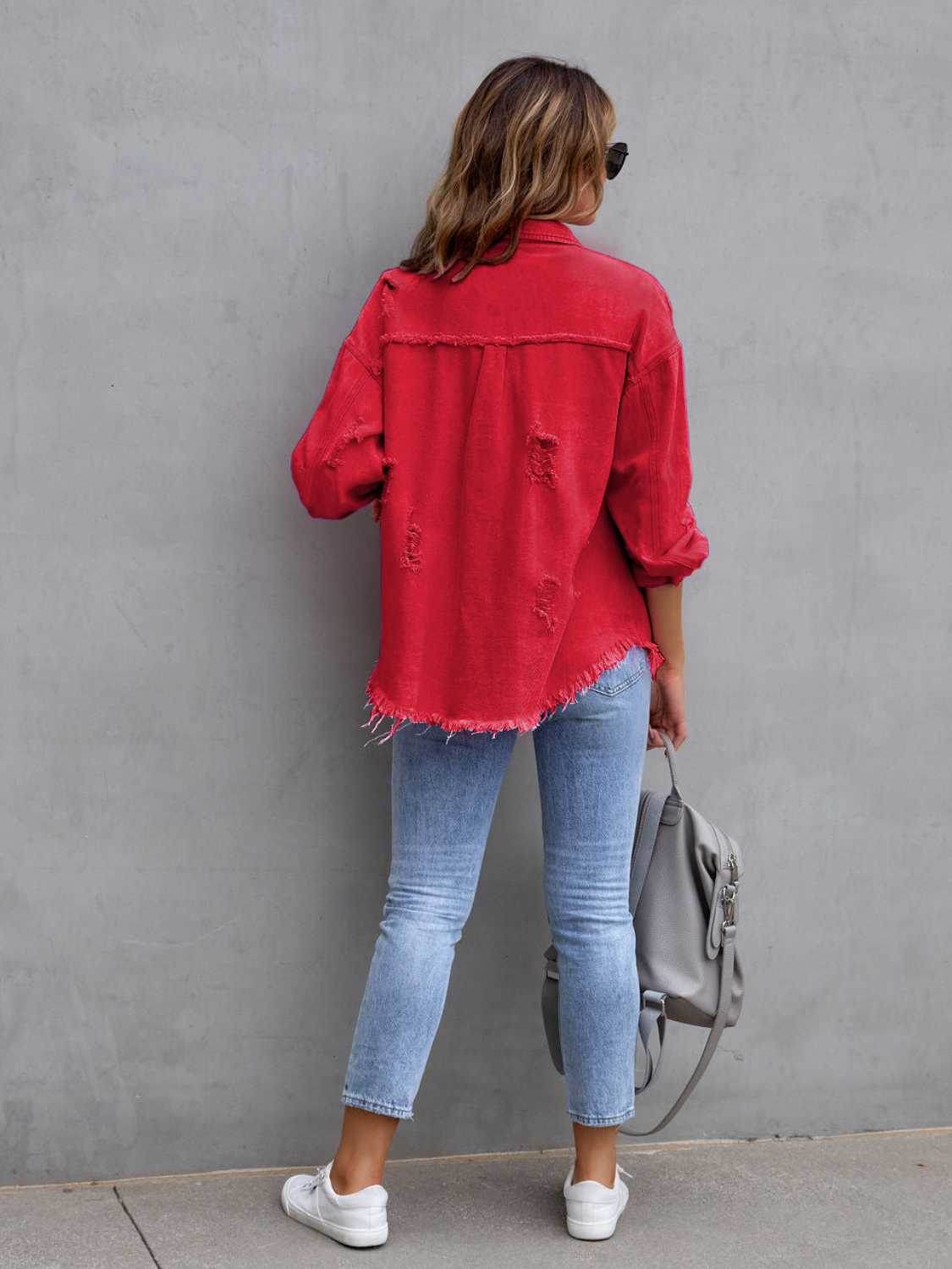 Distressed Drop Shoulder Denim Jacket - Delanoir